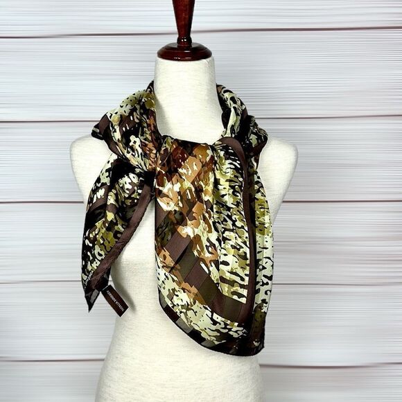 Adrienne Vittadini Silk Scarf Brown Green Ivory Satin Chiffon Square 34×34" - Picture 5 of 10